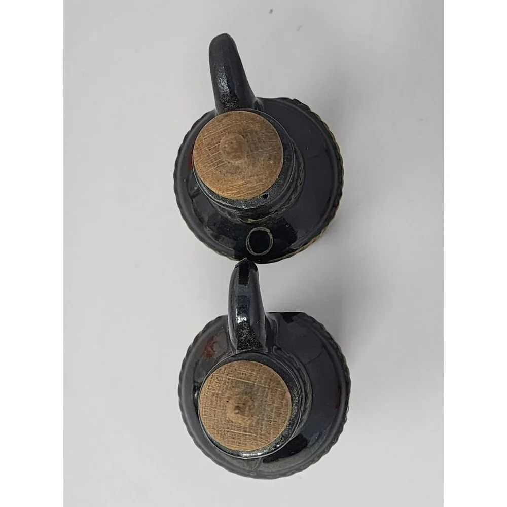 Vintage Black Ceramic Oil & Vinegar Cruet Set With Cork Stoppers Retro MCM Decor